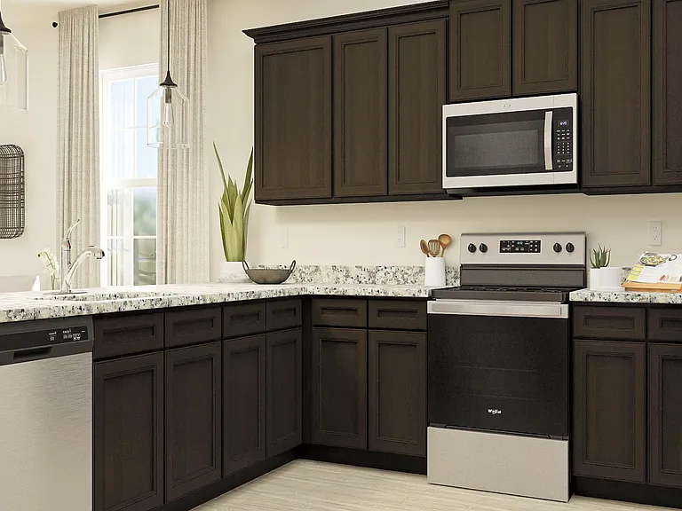 Rendering of the Maple's kitchen with dark brown cabinetry, beautiful granite counters and Whirlpool brand stainless steel appliances.