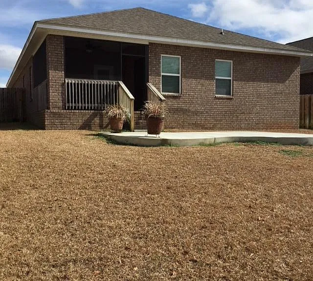 View of back yard, patio, and screened porch.
