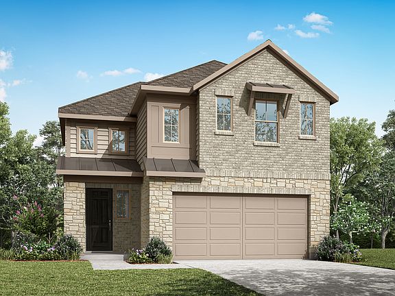 A two-story residential house with a stone exterior, a tiled roof, and a garage door in the foregrou