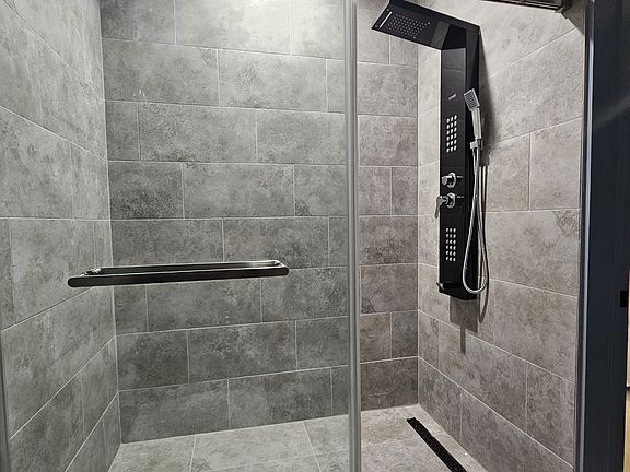 Custom shower with glass door and shower panel