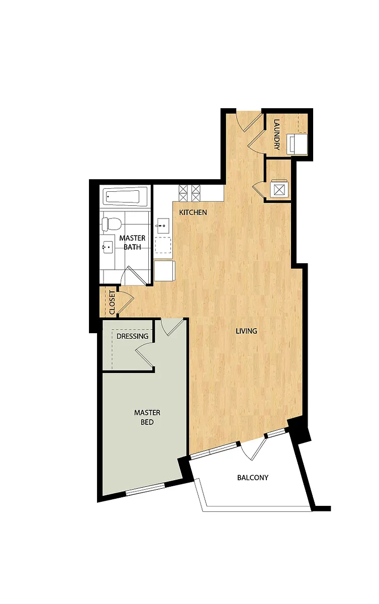 Floor plan Tower 1 Bed/1 Bath-Spruce