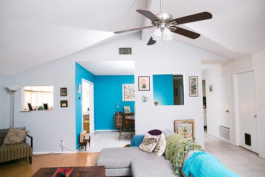 Living room with vaulted ceilings