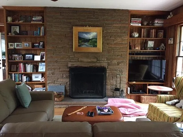 Living room with wormy chestnut paneling and stone fireplace in working order. - 81 Dogwood Grv