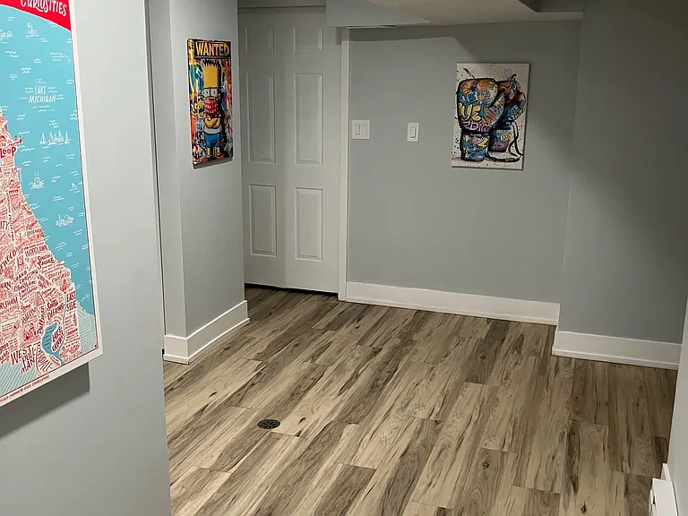 Finished lower-level flex space with durable wood-look flooring, neutral walls, and overhead soffits for added definition.