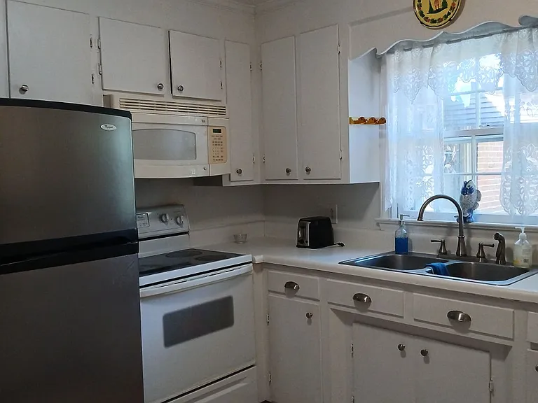 Kitchen looks out into a back fenced and enclosed garden.