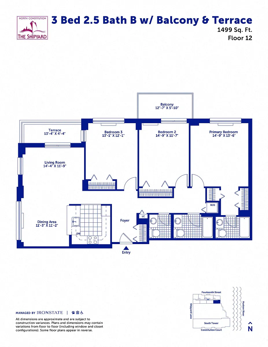 Floor plan 3 Bed 2.5 Bath B with Balcony and Terrace
