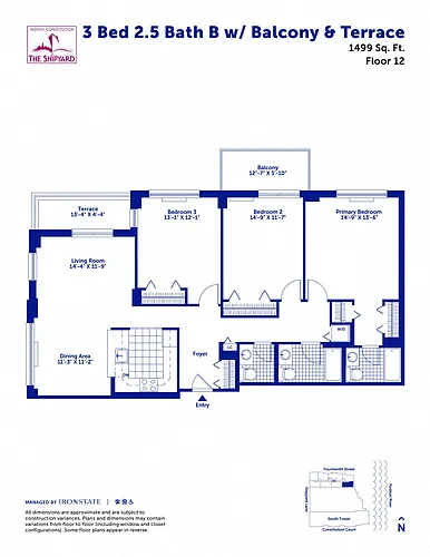 Floor plan 3 Bed 2.5 Bath B with Balcony and Terrace