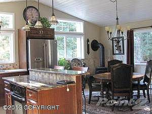Kitchen island and view to dining area
