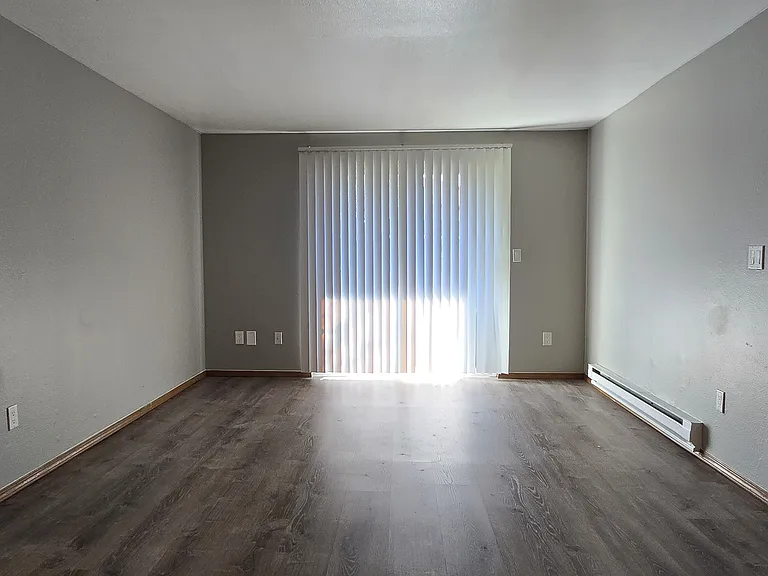Bright, spacious living room with wood-style flooring, neutral finishes, and large sliding glass doors for abundant natural light. Open layout offers plenty of room to relax or entertain.