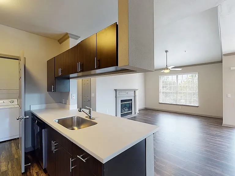 Apartment kitchen with stainless steel appliances, dining and living room with wood-style flooring.