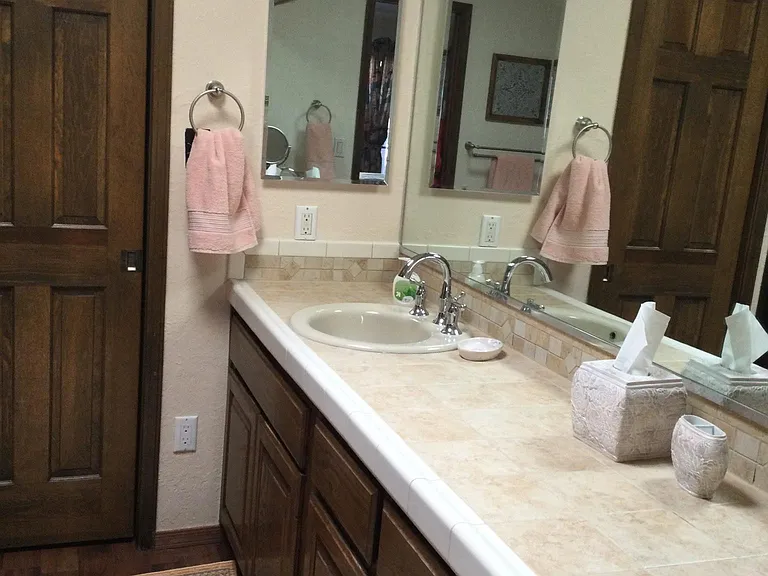 Double vanity in the master bath and door to closet...