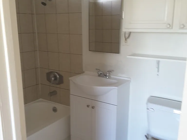 Bathroom with a good size shelf over the toilet, an extra shelf under the cabinet, a new sink with cabinet, a medicine cabinet, and a shower over the bathtub