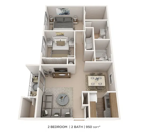Floor plan Two Bedroom 2 Bath - 950 sqft