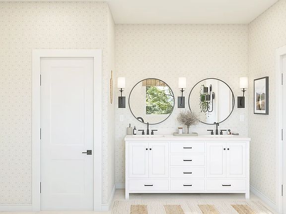 Primary bath with freestanding vanity