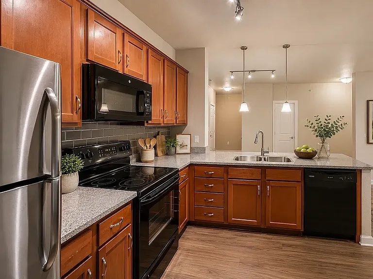 Modern and spacious kitchen with granite countertops and upgraded appliances.
