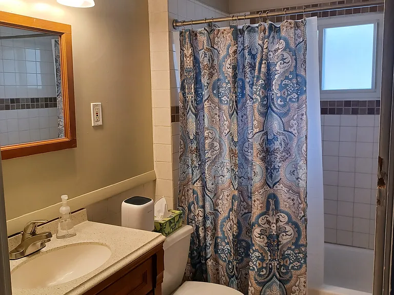 Bathroom with newer fixtures and optional shower curtain for tenant use.