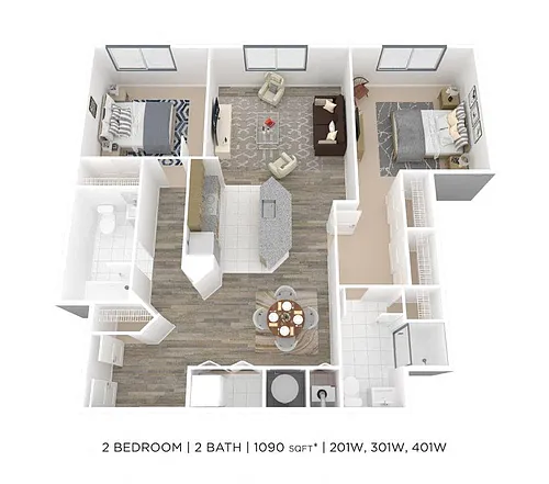 Floor plan Two Bedroom 2 Bath- 1090 sqft