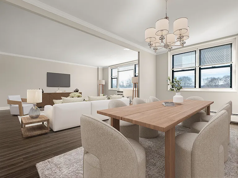 Elegant natural light-filled open-concept apartment living room with a modern dining area, featuring stylish lighting, large windows, and chic decor at Parkside Place, apartments in Cambridge, MA