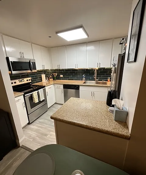 new flooring, sink, faucet, backsplash tile, paint in kitchen