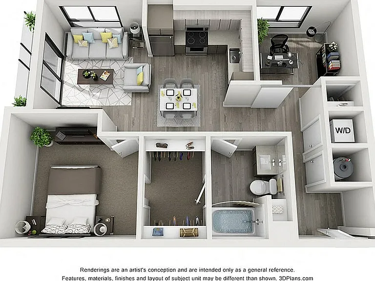 The Aviary Apartments 1x1 E Den 3D Floor Plan