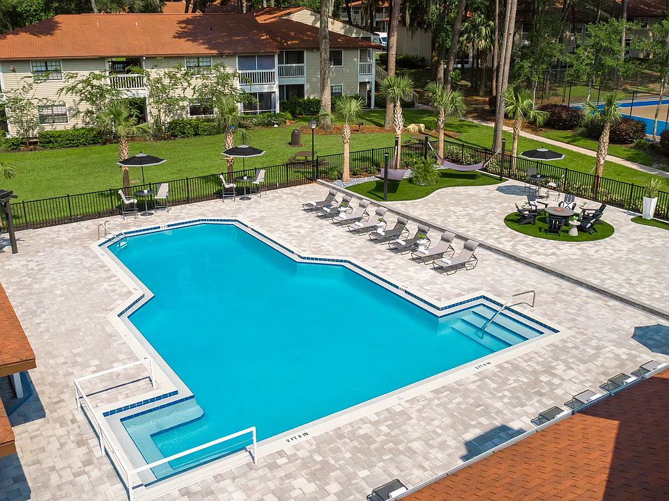 An enchanting aerial view of our resort-style pool and expansive sundeck, promising endless fun.