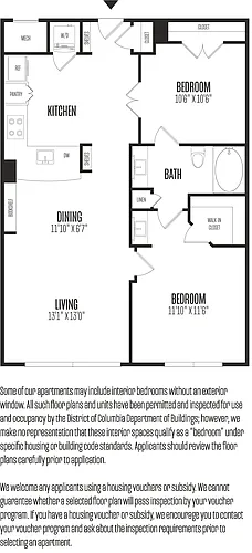 Floor plan 2 Bed/1 Bath-2B