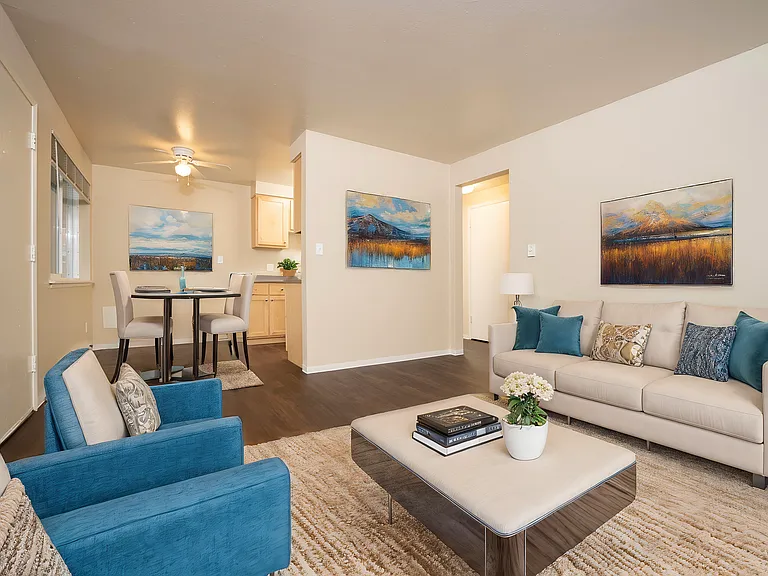 1 Bedroom 648 Sq Ft l Staged Living + Dining Room