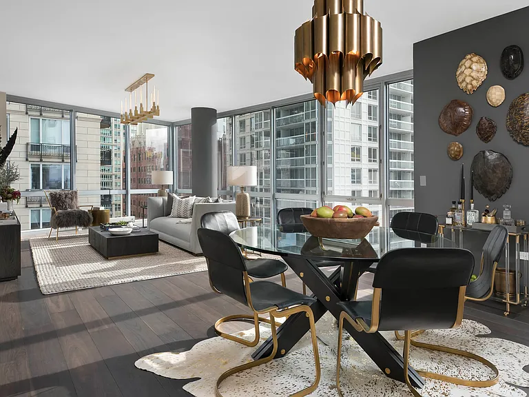 Living Room with Dining Room Table and Entertainment Space