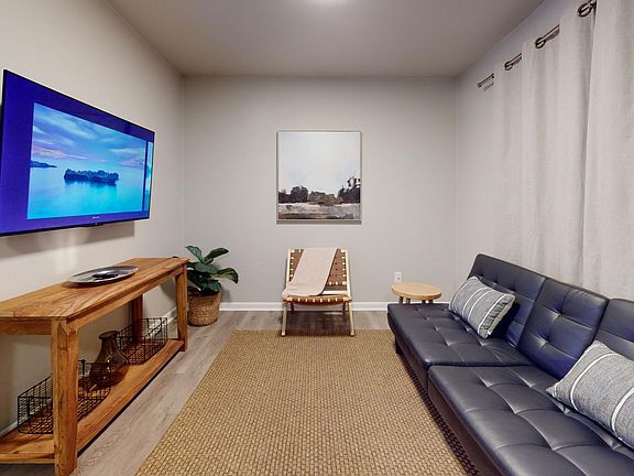 Living room includes a Roku TV and a faux leather memory foam sofa that folds flat into a twin size bed.