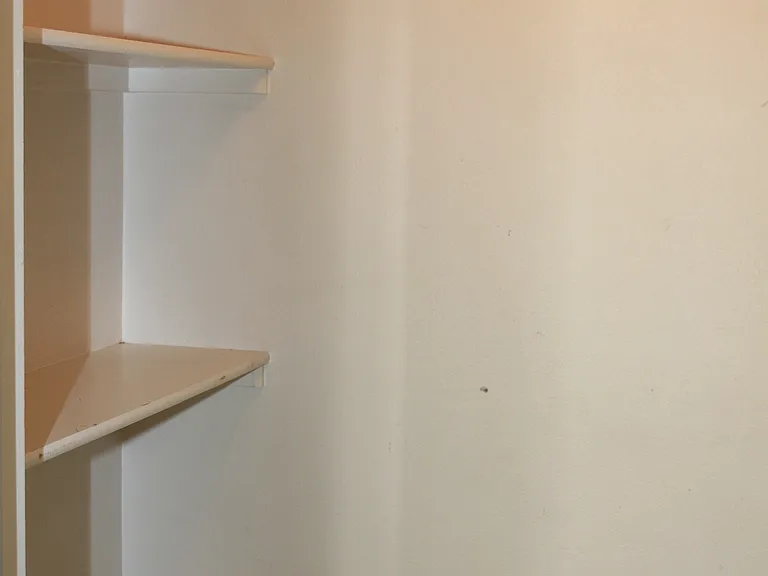 Private Storage Area with Light and Shelves on Both Sides.