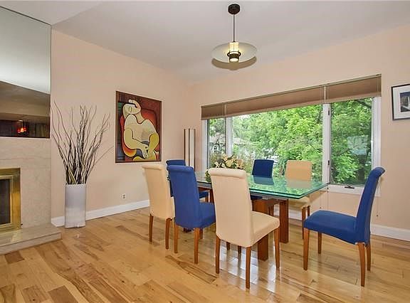 Dining area with large window.