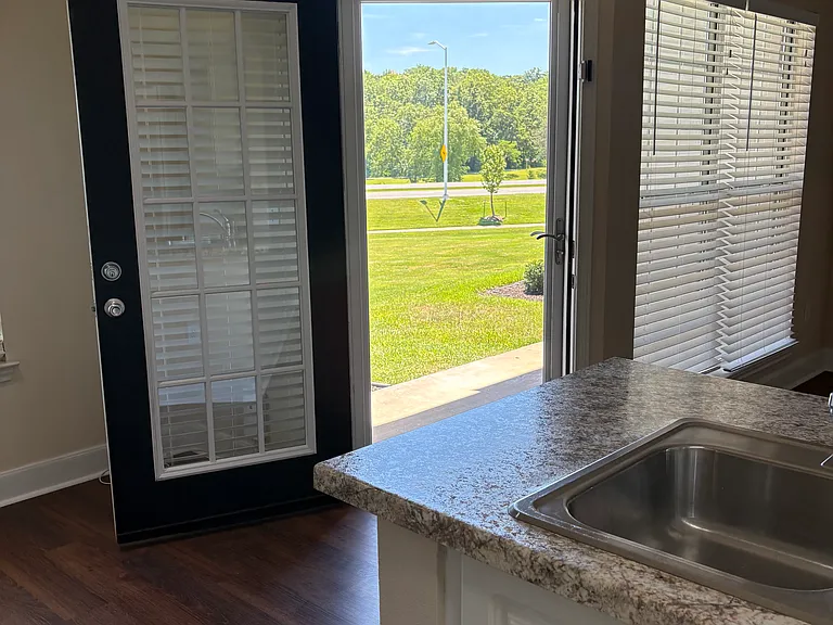Looking out onto the small patio.