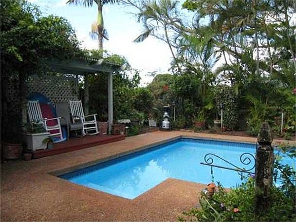 Pool steps, shaded sitting area