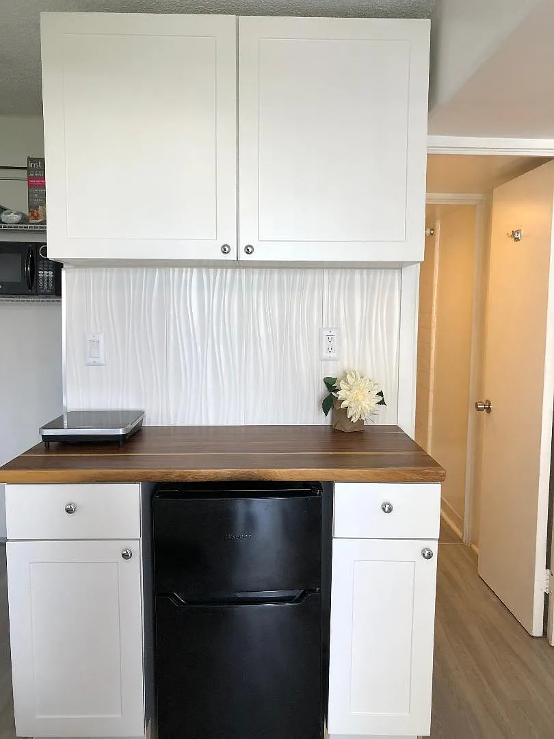 Meal prep area with Microwave, coffee maker, burner, pots/pans/dishes/glasses, rice cooker, etc. - 1690 Ala Moana Blvd #1004