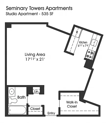 Floor plan Studio 1BA (535sf)