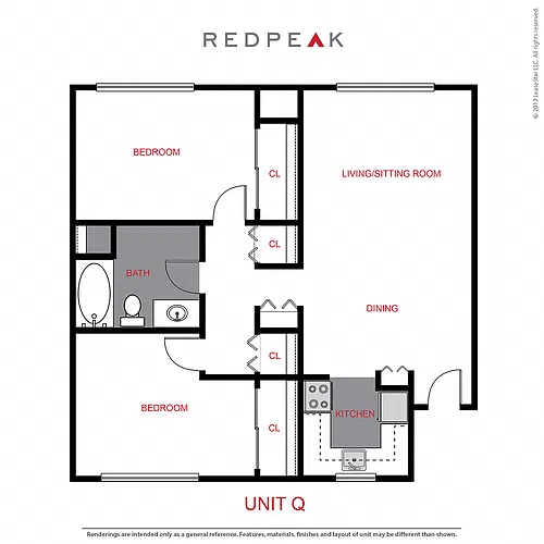 Floor plan B2 - 2 Bed / 1 Bath (905 sf)