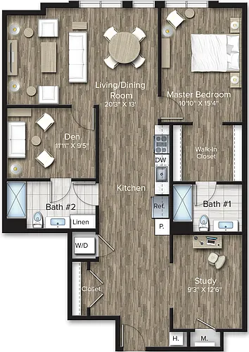 Floor plan 1 Bed/1 Bath Den-AD16S
