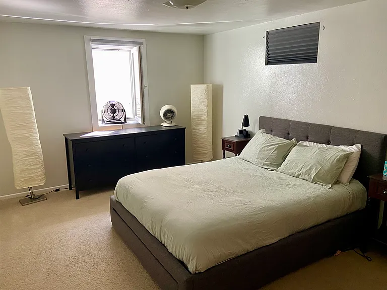 Basement level bedroom (queen bed) with egress window