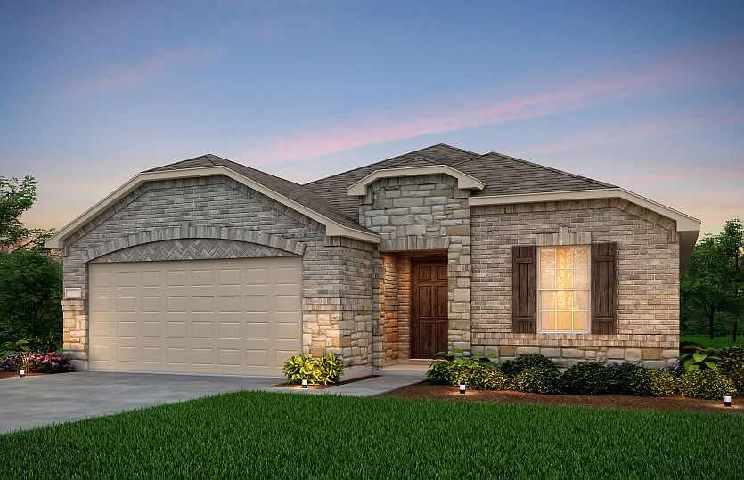 The Morgan, a one-story home with 2-car garage, shown with Home Exterior R