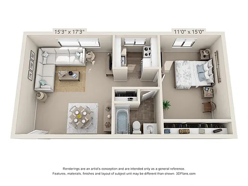 Floor plan 1 Bedroom, 1 Bath (572 Upper)