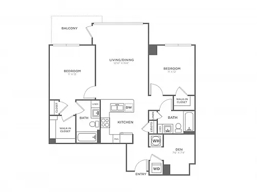 Floor plan Two Bedroom Two Bath With Den (1,103 SF)