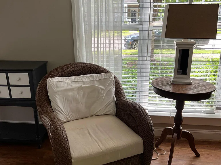 Note light filtering into family room
Custom blinds with very large window in family room