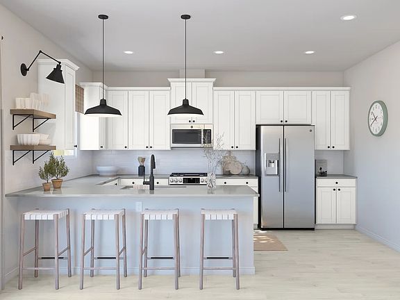 Kitchen with floating shelves and matte black lighting