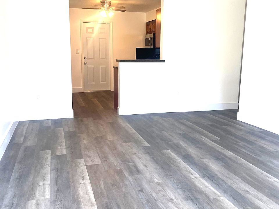 View into kitchen and rear door from entrance