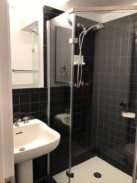 Black and white bathroom with shower.