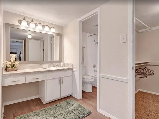 Updated bathroom with modern fixtures and swing closet