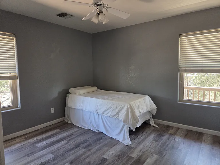 Second bedroom with two windows and a ceiling fan.
