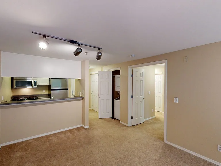 Apartment kitchen with stainless steel appliances, dining and living room with plush carpet flooring.