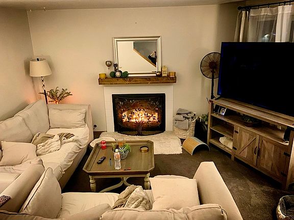 Living room with fireplace working on propane