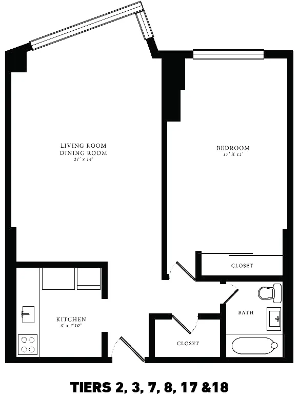 Floor plan Tier 02/03/07/08/11/12/13/17/18 (1BR/1BA)